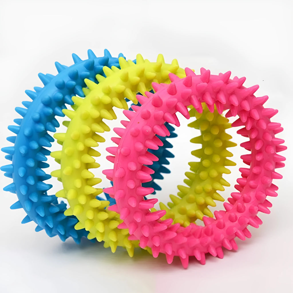Spiky TPR circle ring dog chew toy in blue for teeth cleaning and bite training
