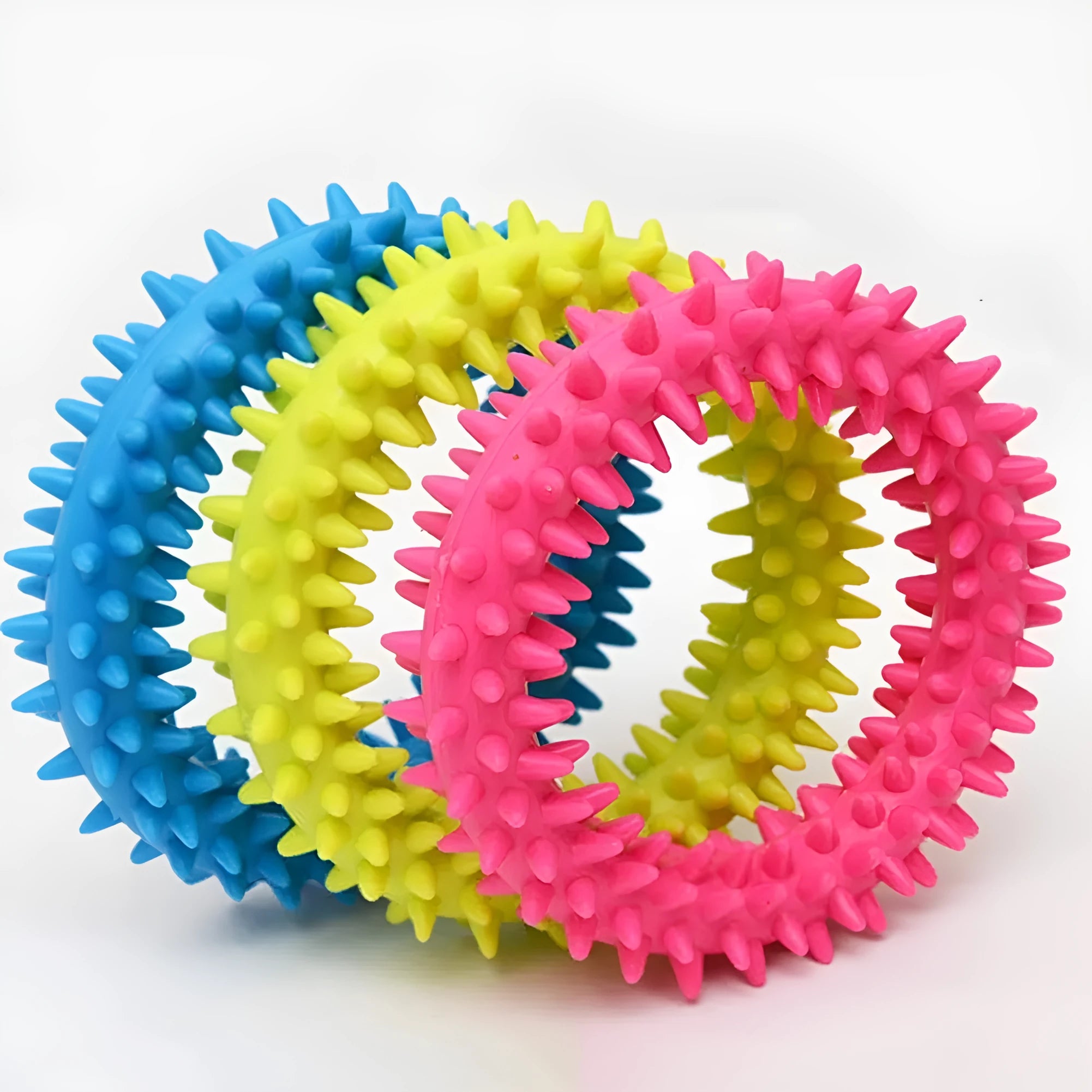 Spiky TPR circle ring dog chew toy in blue for teeth cleaning and bite training