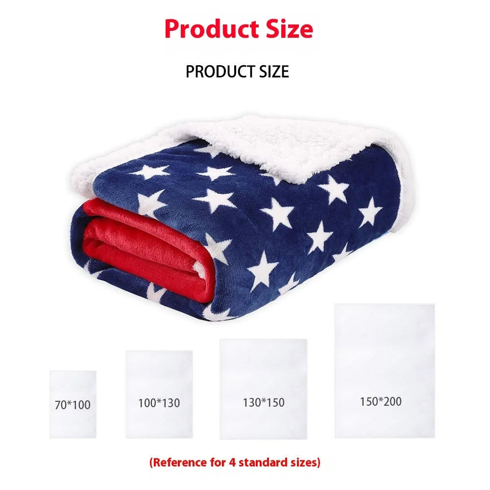 Striped polyester blanket with lambswool texture in American style, shown in vacuum packed and expanded forms