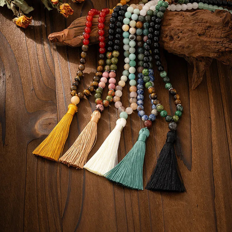 Vintage tassel bohemian chain with natural stone geometric beads in ten colour options