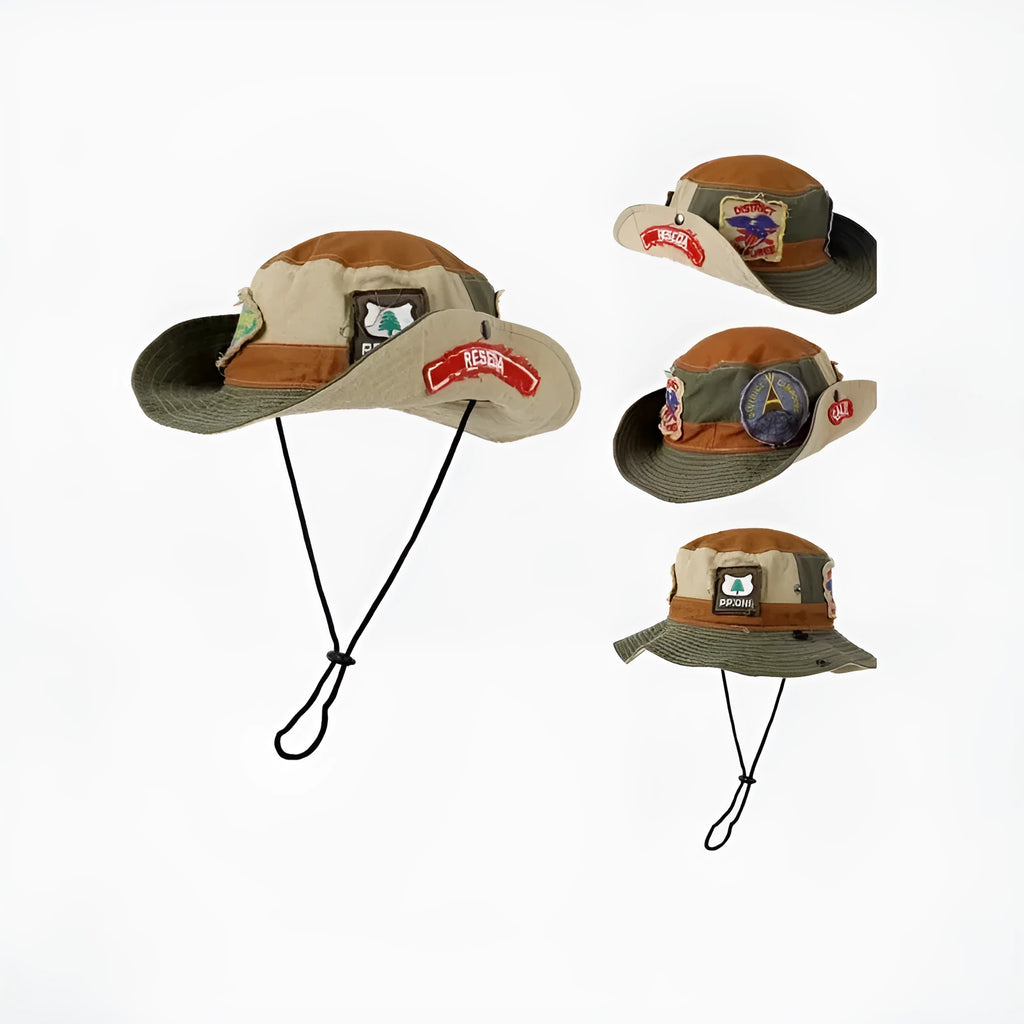 Army green cotton fisherman hat with patchwork fabric and flat top crown design