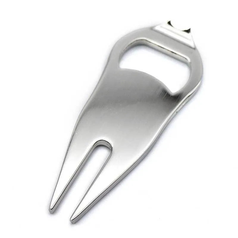 Zinc alloy golf ball yoke and bottle opener tool in black, green or silver on a putting green
