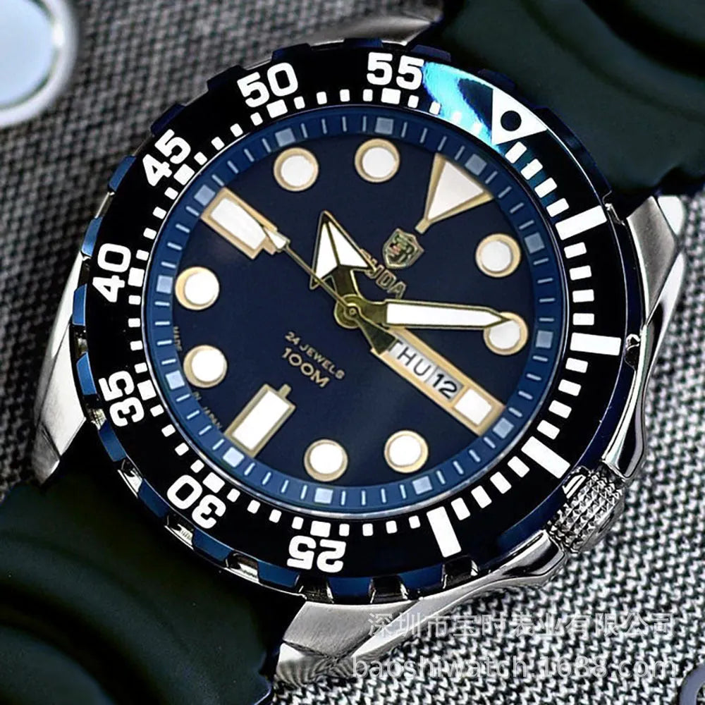 Waterproof luminous quartz men's watch with steel strap and blue dial, 15mm case thickness