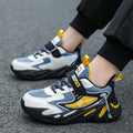 Boys' dark blue and beige PU mesh sports running shoes with Velcro strap and platform sole.