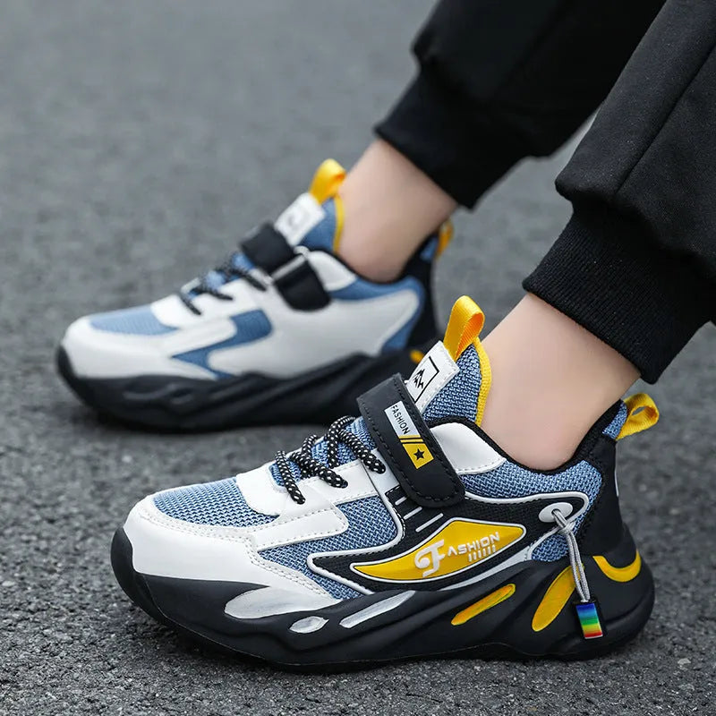 Boys' dark blue and beige PU mesh sports running shoes with Velcro strap and platform sole.