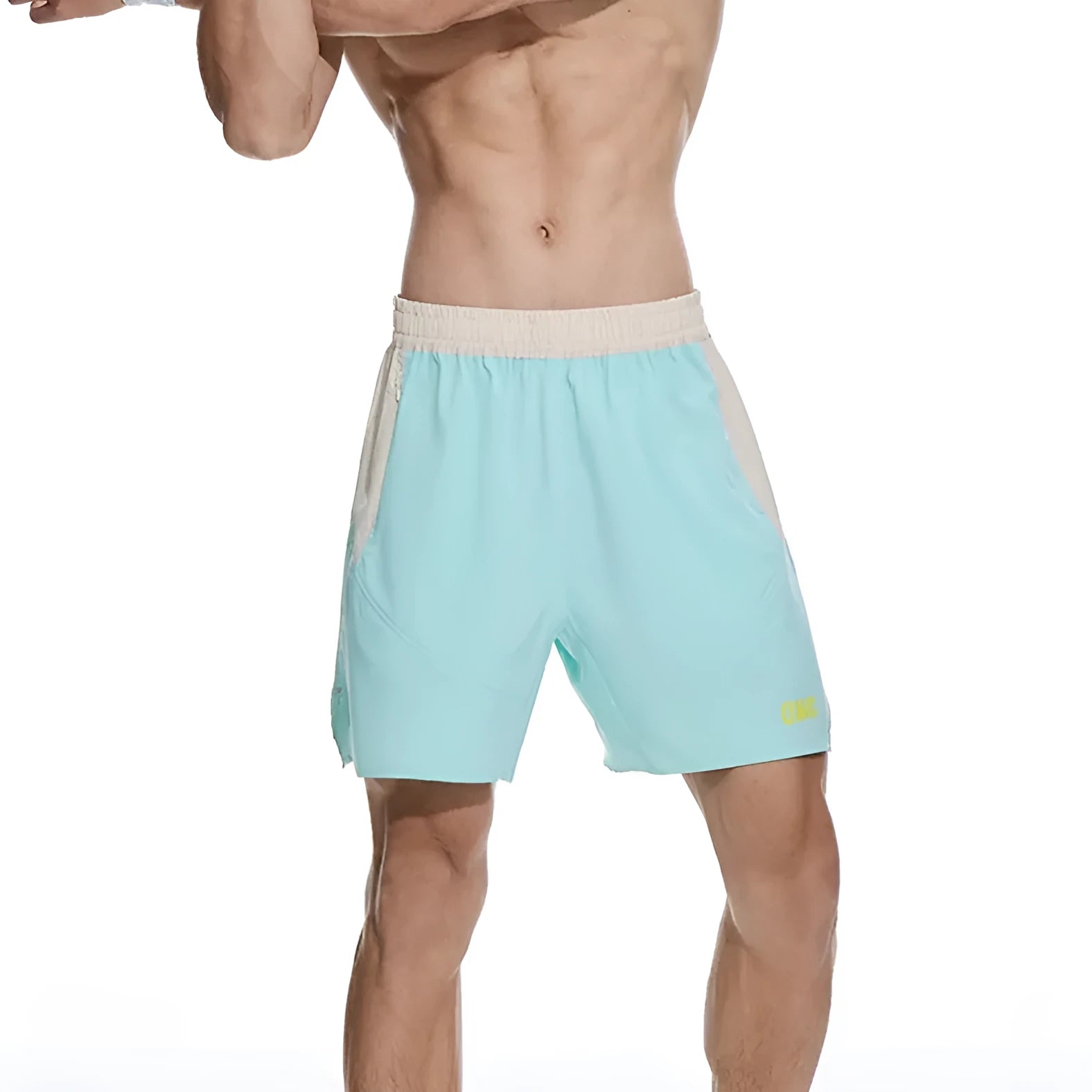 Men's grey workout shorts with elastic waistband and lace-up fly for gym training sessions