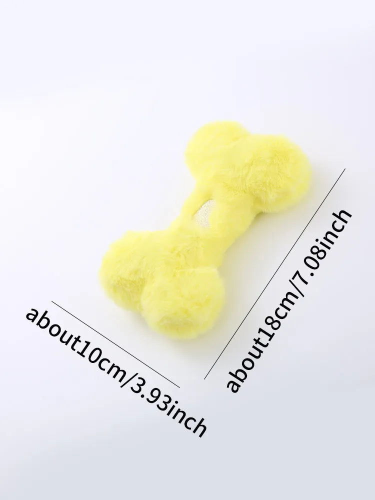 Blue plush bone dog toy with squeaker on a plain background.