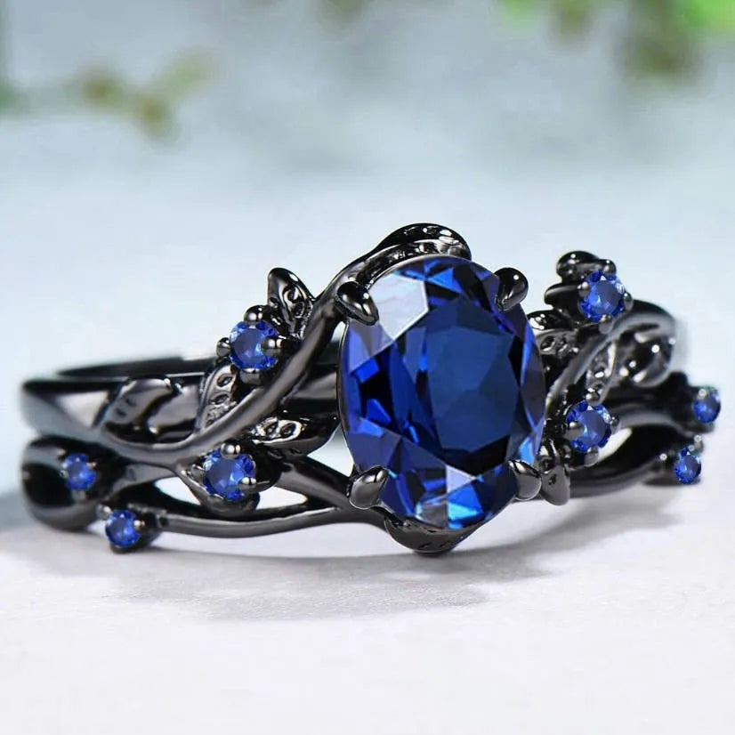 Gun black copper ring with navy blue rhinestone inlay for women geometric design