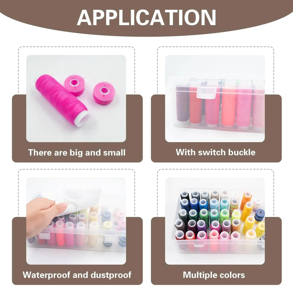 Transparent plastic box with 42 small compartments for organising sewing needles and pins.