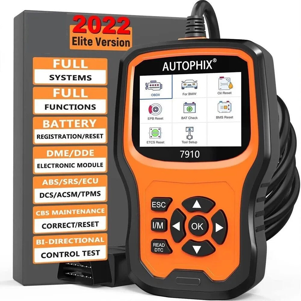 Autophix 7910 BMW diagnostic scanner OBD2 tool with display screen showing fault codes