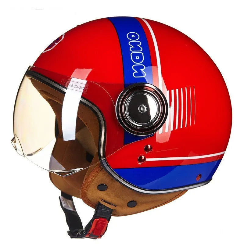 Battery car half helmet in Bright White Red Blue colour, lightweight semi-covered ABS construction, size M to XL