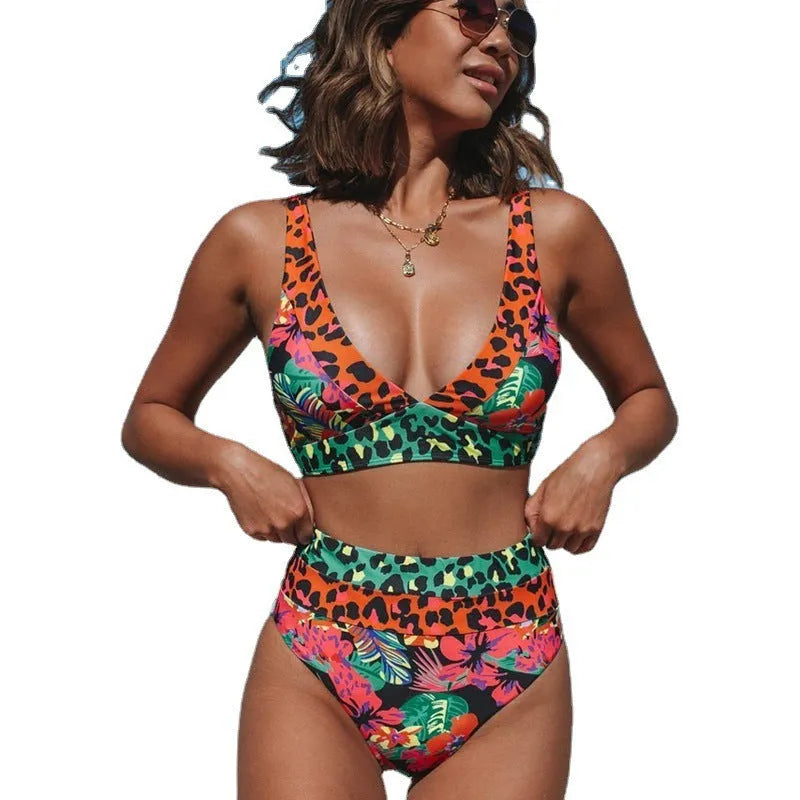Women's floral print high waist bikini set for swimming activities