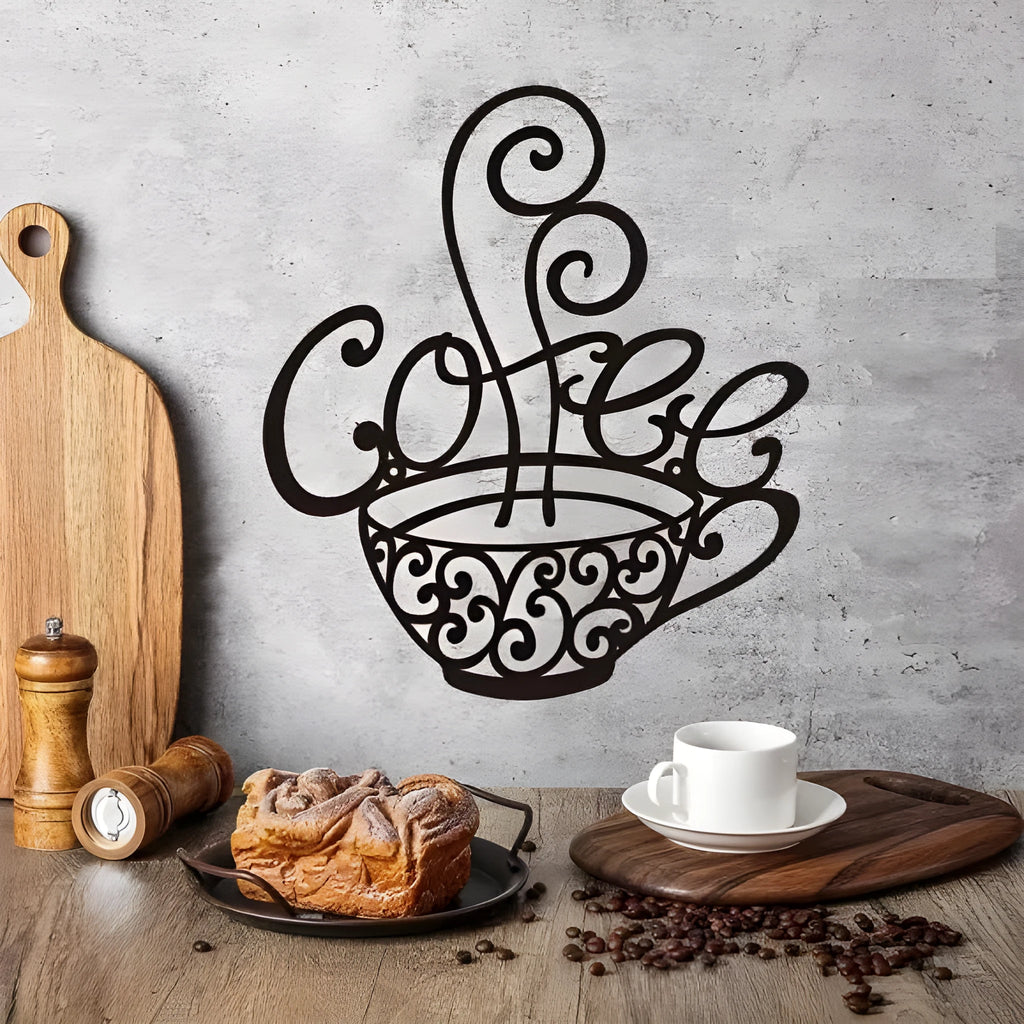 Black wrought iron wall decoration with English letters silhouette design, modern style