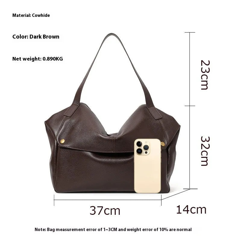 Brown genuine leather women's shoulder bag with horizontal square shape and zippered internal pocket
