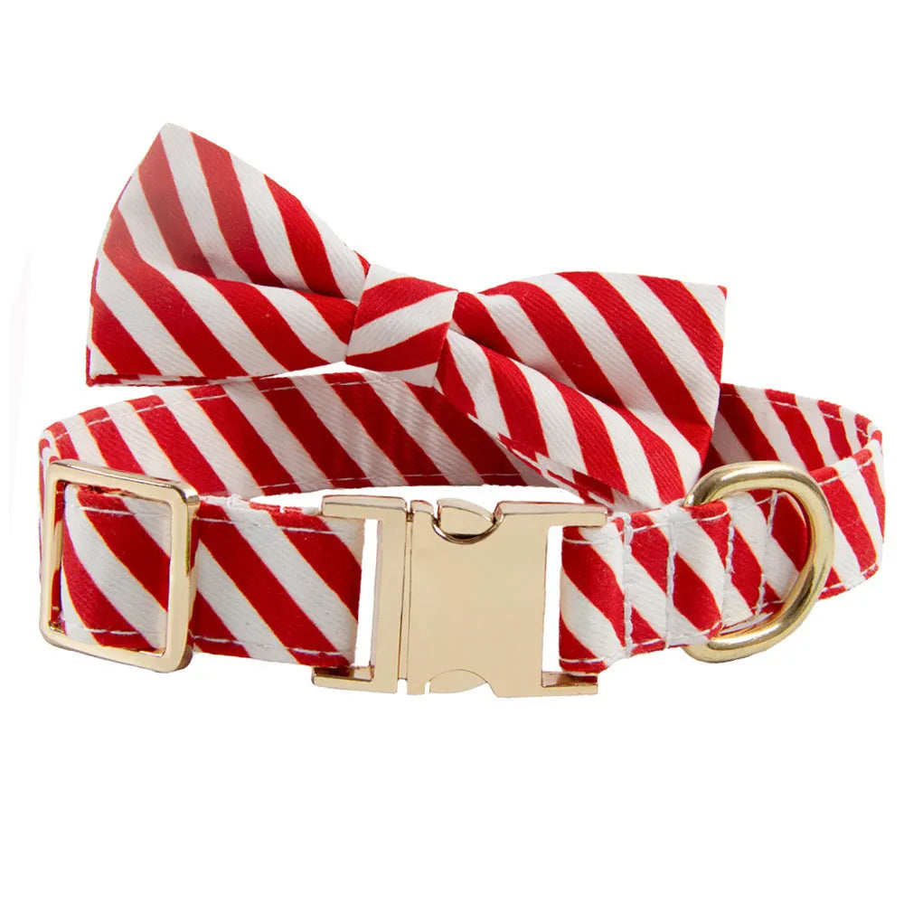 Striped polyester dog collar in Candy Green with bow knot, adjustable neck size for small to large dogs