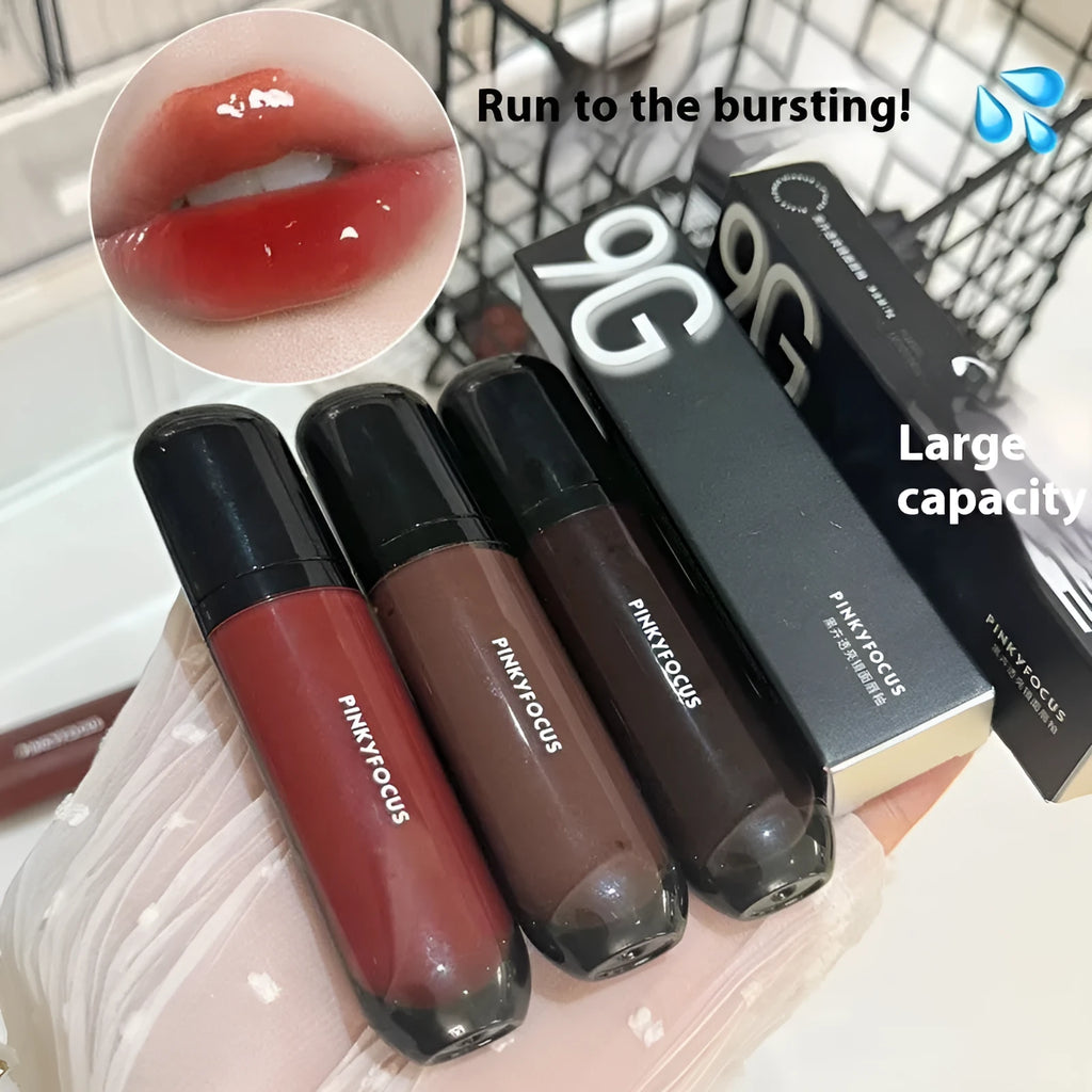 Black Citrus mirror lip lacquer in six shades showing shiny finish and colour options
