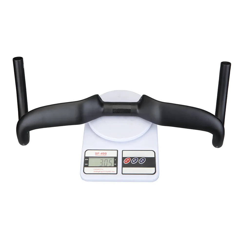 Black carbon fibre bent handlebar with large angle outer swing, 31.8mm clamp, 125mm drop, 80mm extension