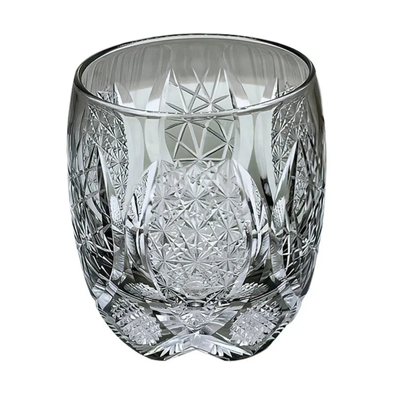 Edo Crystal Glass Whisky Tumbler with amber flash cut design in wooden box