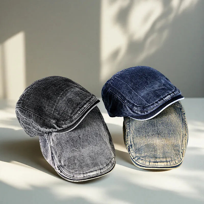 Men's denim flat top cap in washed cotton, breathable and windproof, available in six colours