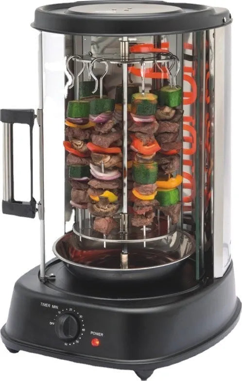 Black 21L electric rotisserie with glass door, control dials, and stainless steel interior