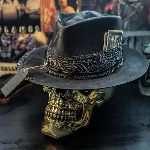 Wool felt conical crown skull hat with handmade Halloween design