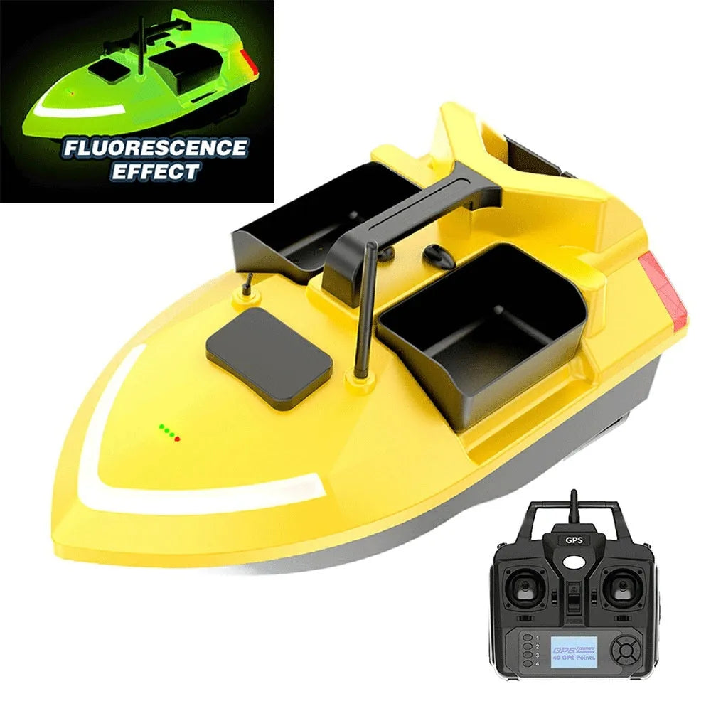 V020 model remote control fishing boat with GPS antenna showing 49cm length and black or luminous yellow colour options