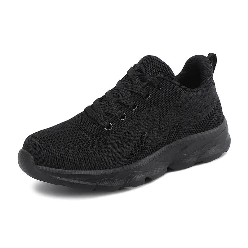 All black women's lightweight mesh sneakers with wedge heel and front lace-up design