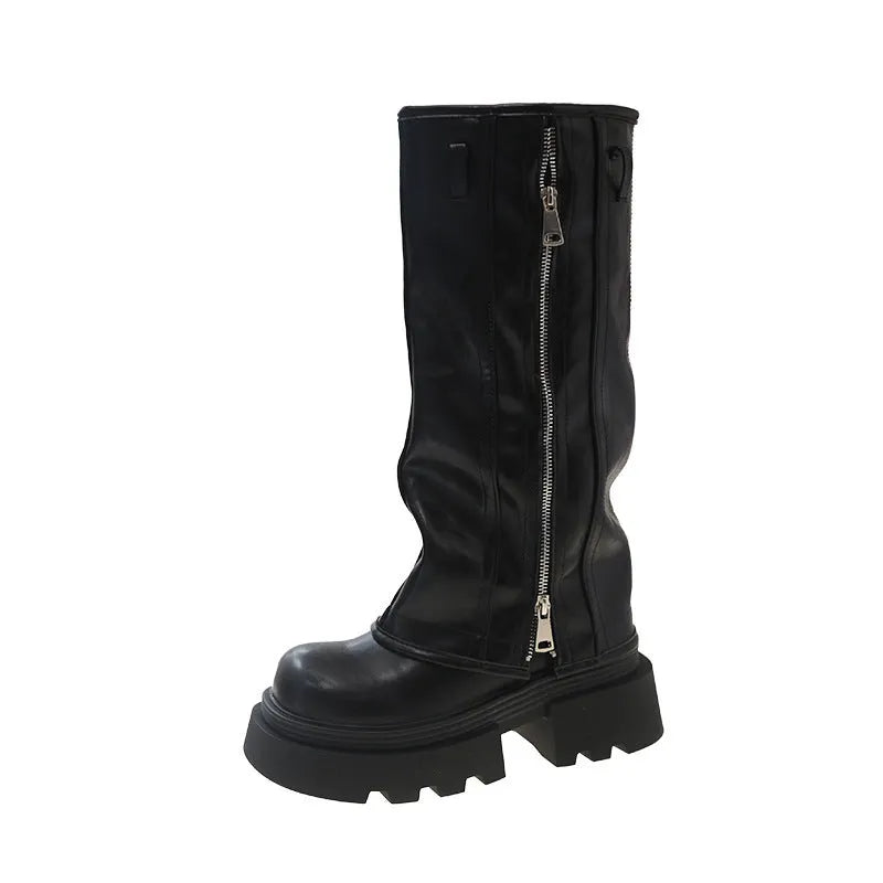 Platform muffin pants Martin boots in black with high cylinder design and rubber sole