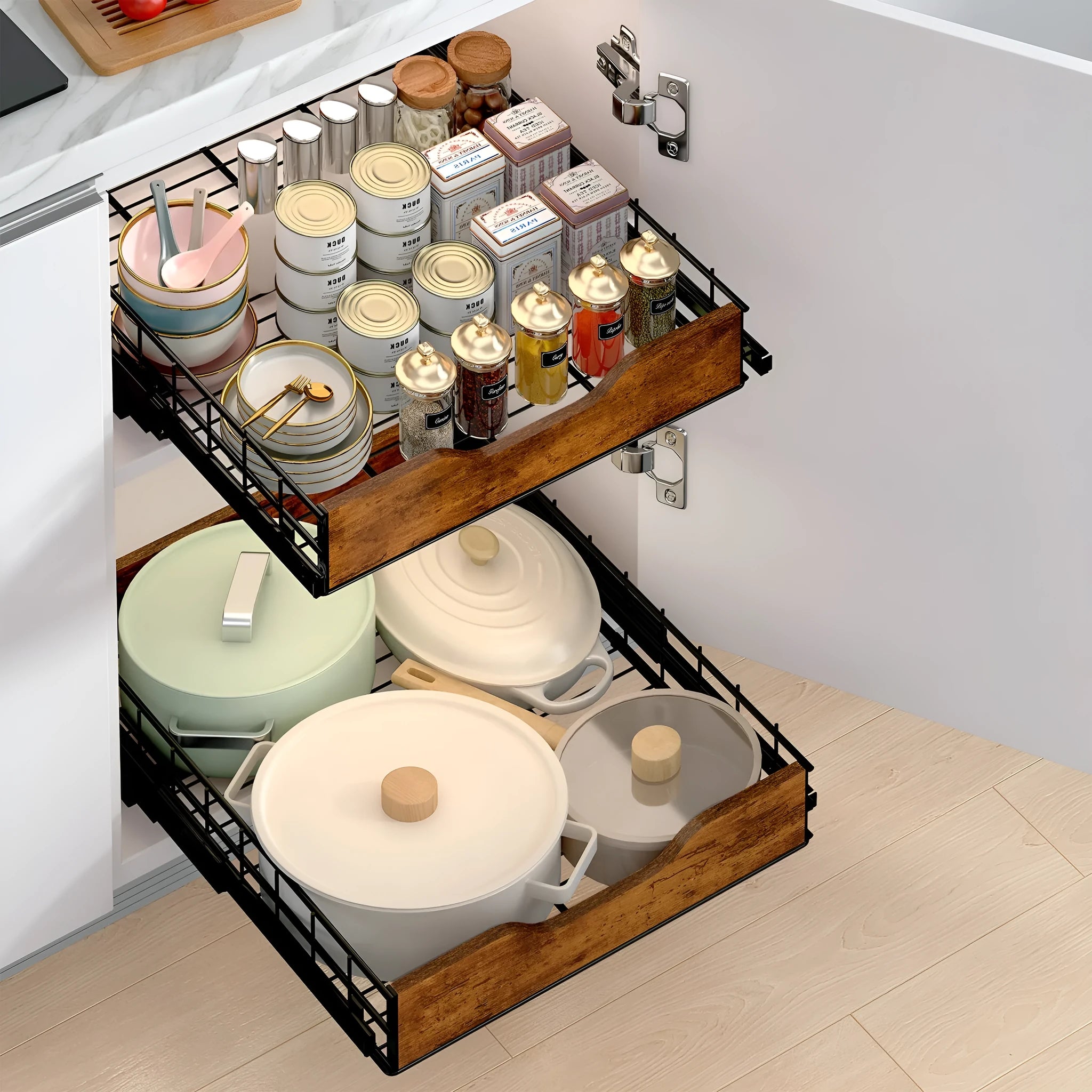 Black kitchen storage basket drawer with wood and iron construction showing pull basket mechanism