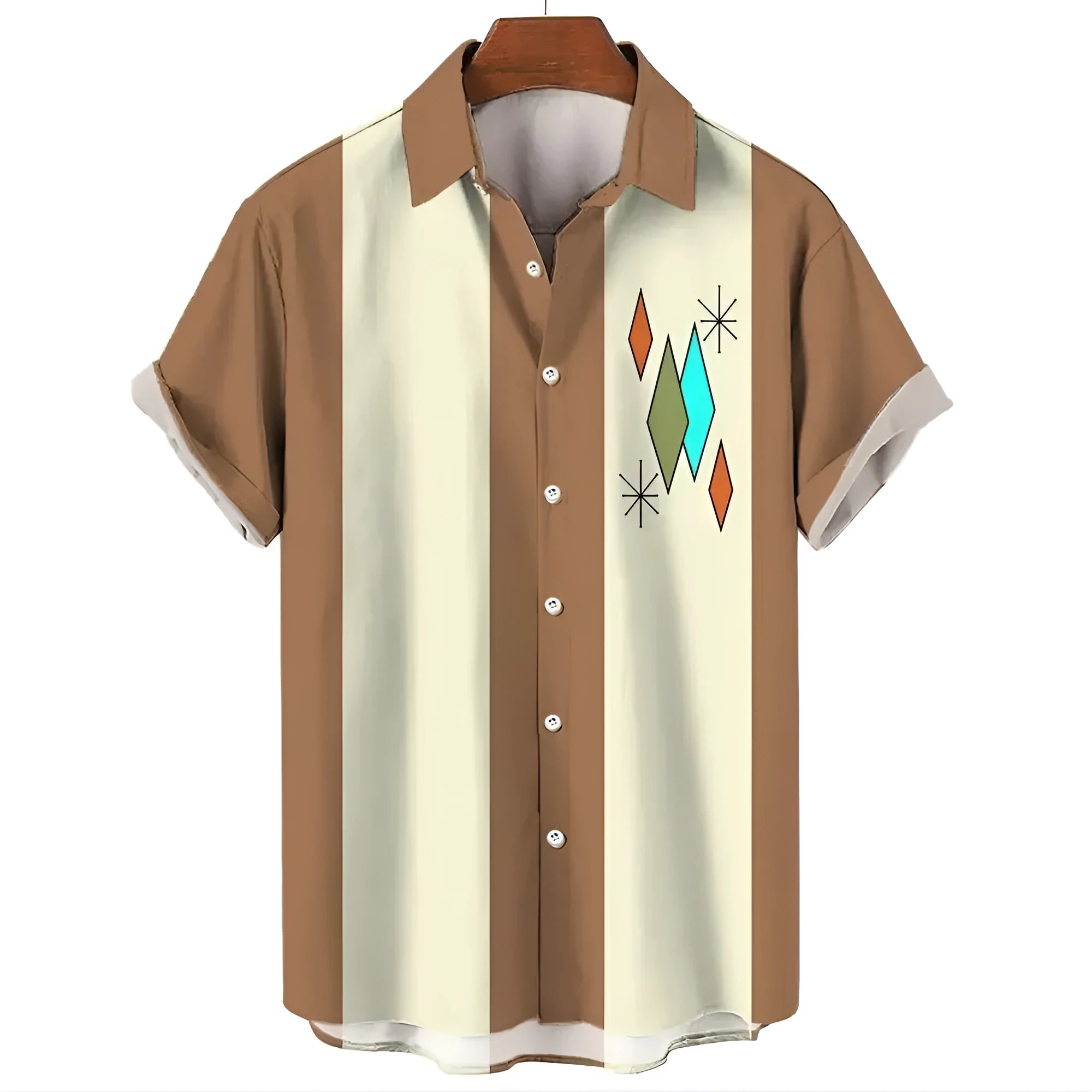 Men's striped Hawaiian shirt in polyester with button front and short sleeves