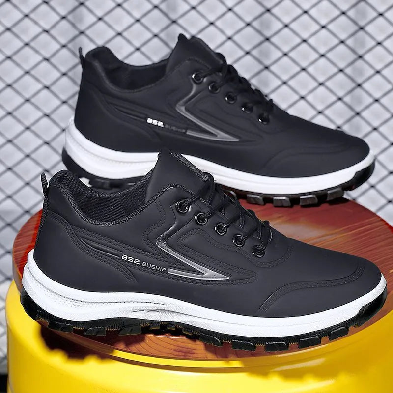 Student waterproof leisure soft bottom sports work shoes in black and gray, low-top lace-up design with artificial PU upper