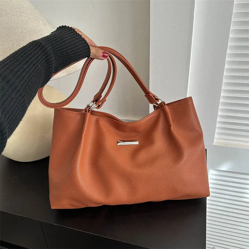 Women's large capacity PU tote shoulder bag in horizontal square shape with double straps, available in four colours