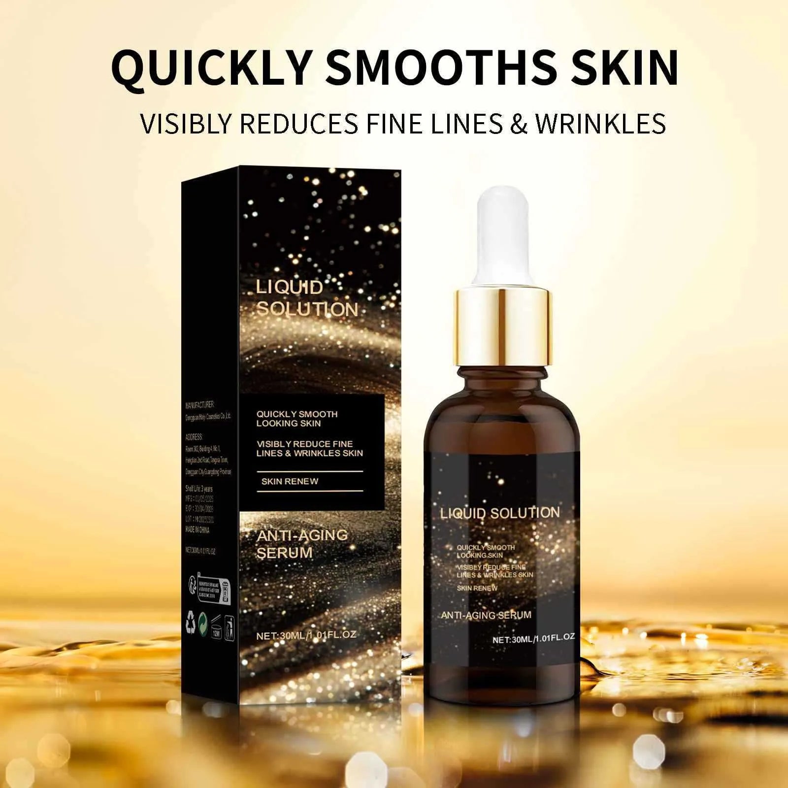 30ml bottle of facial moisturising care solution with hyaluronic acid, measuring 9cm in height.