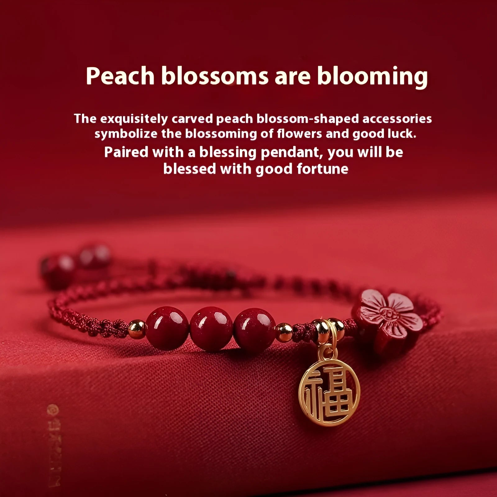 Cinnabar birth year braided rope bracelet with round bead blessing card in wine red colour on a plain background.