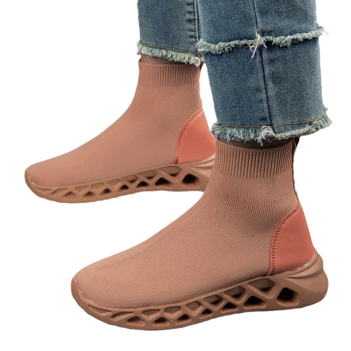 Women's high-top casual stretch socks ankle sock boots in solid colour mesh upper low-top flat heel