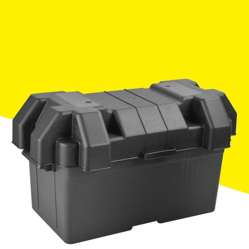 Large black PP plastic battery storage box with strap and base screw fixing, external dimensions 44x24.5x27cm