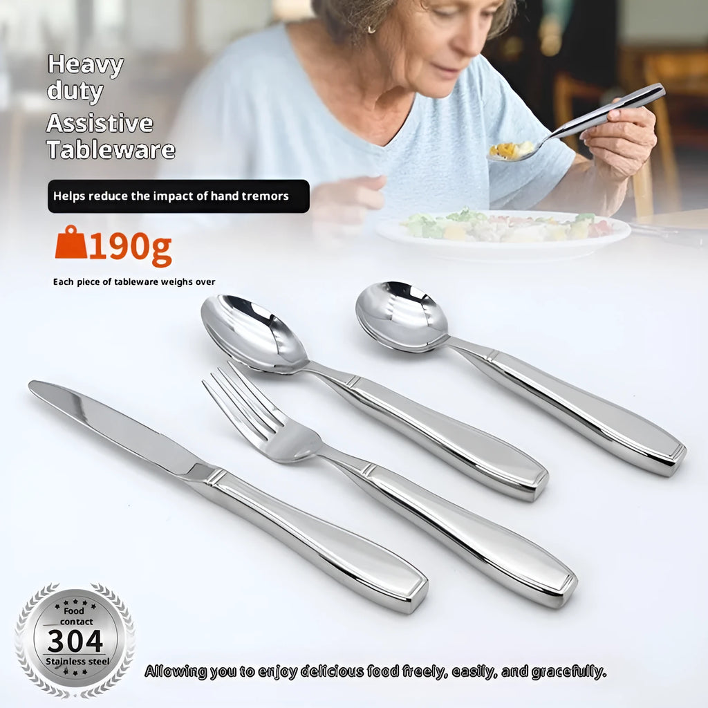 Stainless steel Western-style tableware set with anti-handshaking design including heavy-duty spoon, fork, and knife on a neutral background.