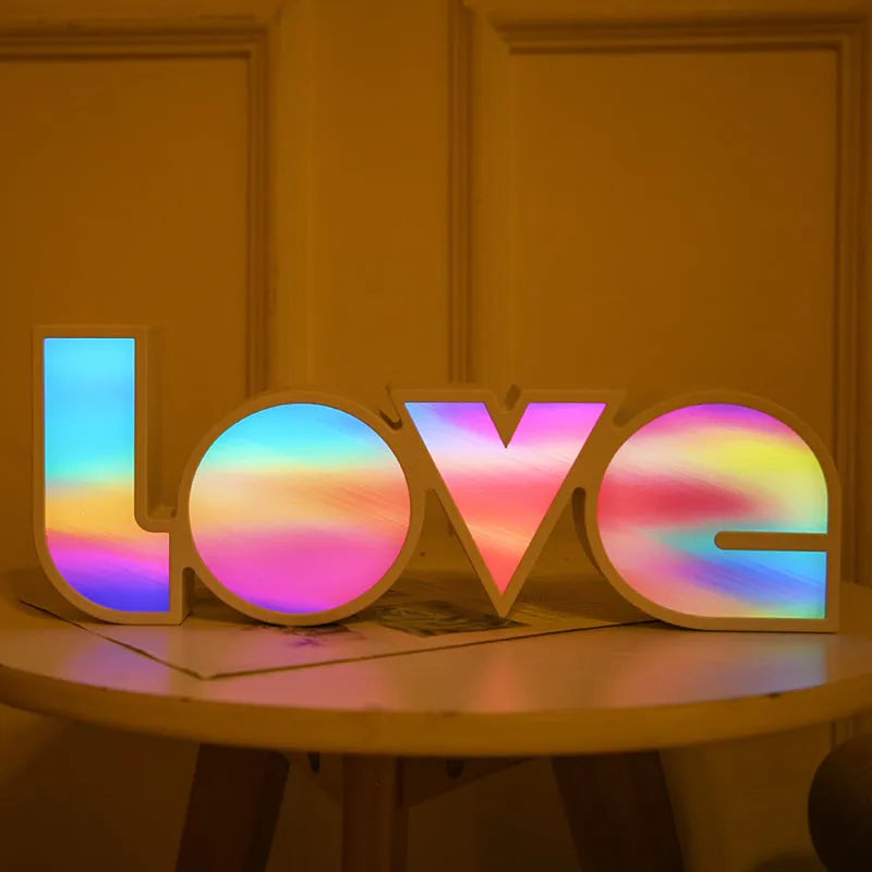 LED LOVE light with rainbow lampshade, plastic build, USB cable, 35.5x13.5cm, romantic bedroom decor