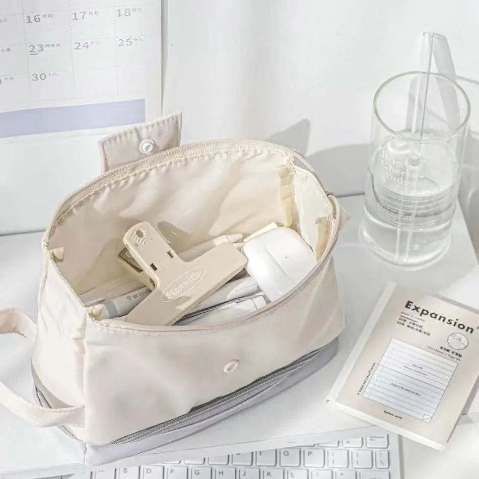 Fashion student pencil case in polyester with double layer folding design showing three colour options