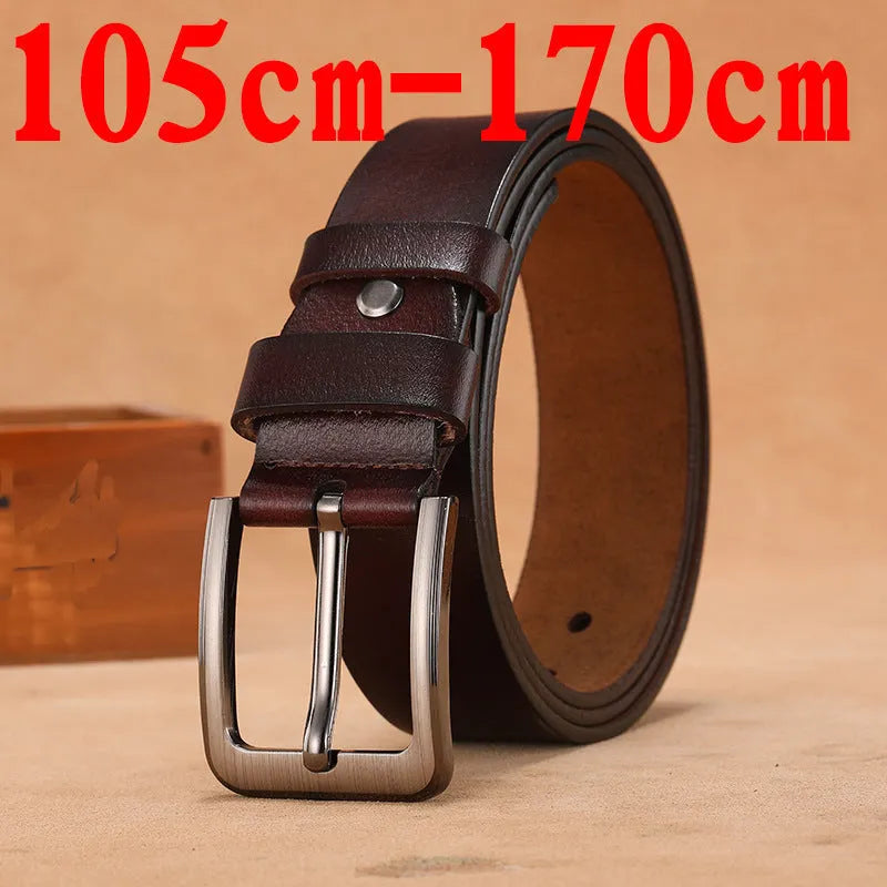 Fashion square head pin buckle casual belt in black and brown colours on a size chart.
