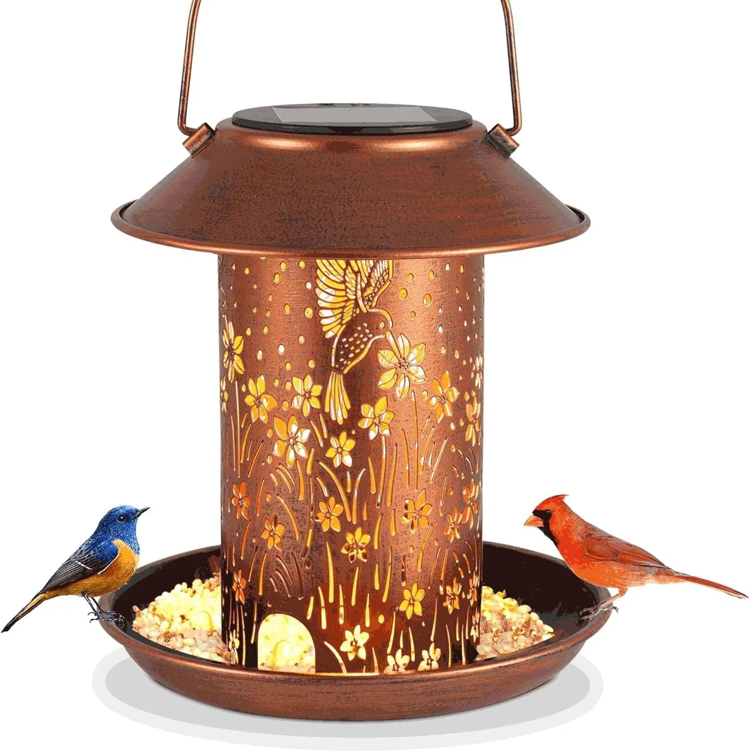 Solar powered iron art bird feeder lamp with hummingbird pattern design and LED light
