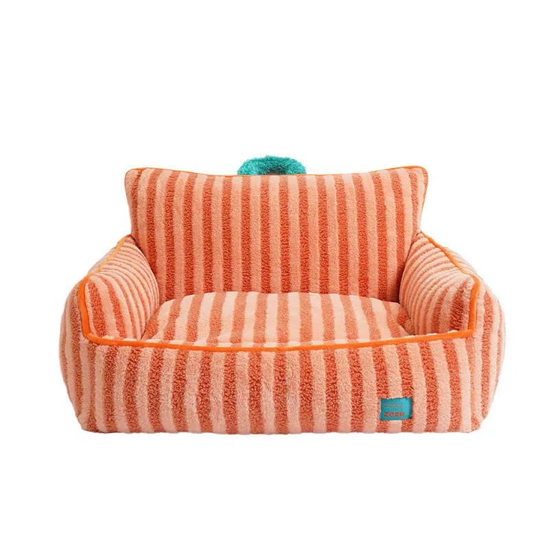 Striped soft velvet pet bed with removable cover in orange, purple or yellow for small dogs