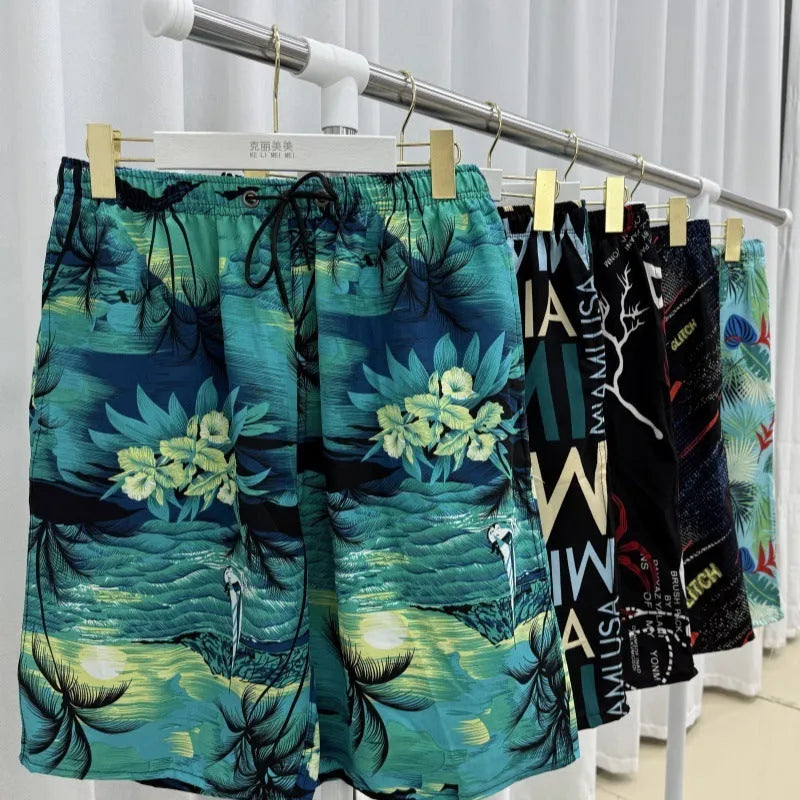 Men's loose casual summer beach pants with ice silk quick-dry fabric, striped and floral patterns, free size 55-95kg