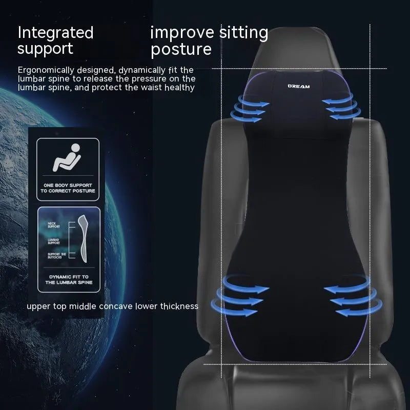 Black memory foam automotive waist cushion and headrest lumbar support pillow set on a car seat.