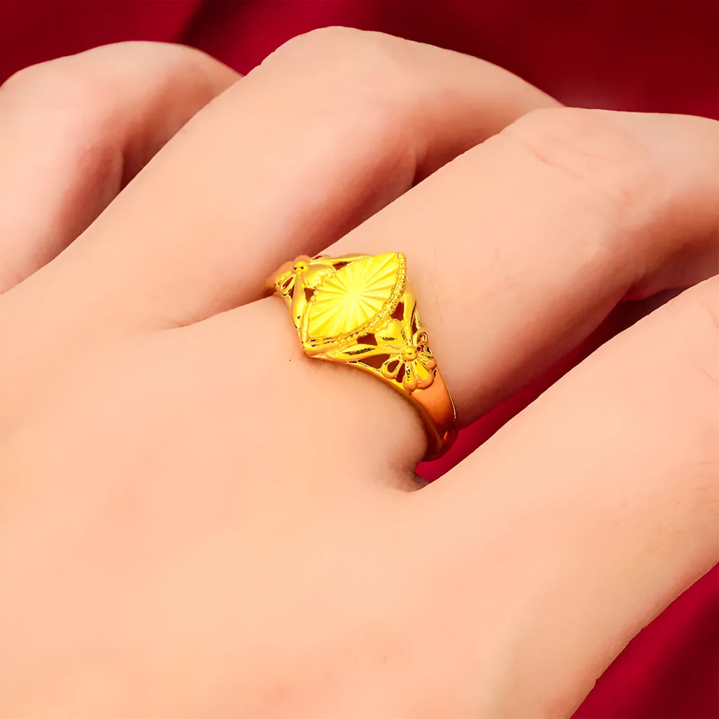 Alluvial gold electroplated brass ring with open diamond floral geometric design and textured band