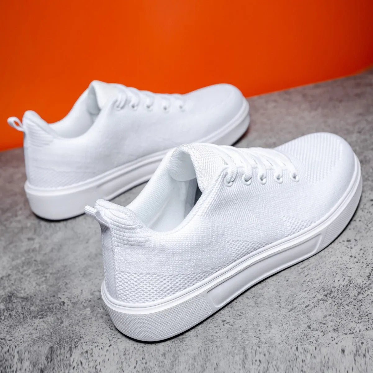 Light white thick sole casual board shoes with breathable mesh upper and EVA sole, lace-up flat heel design for unisex wear