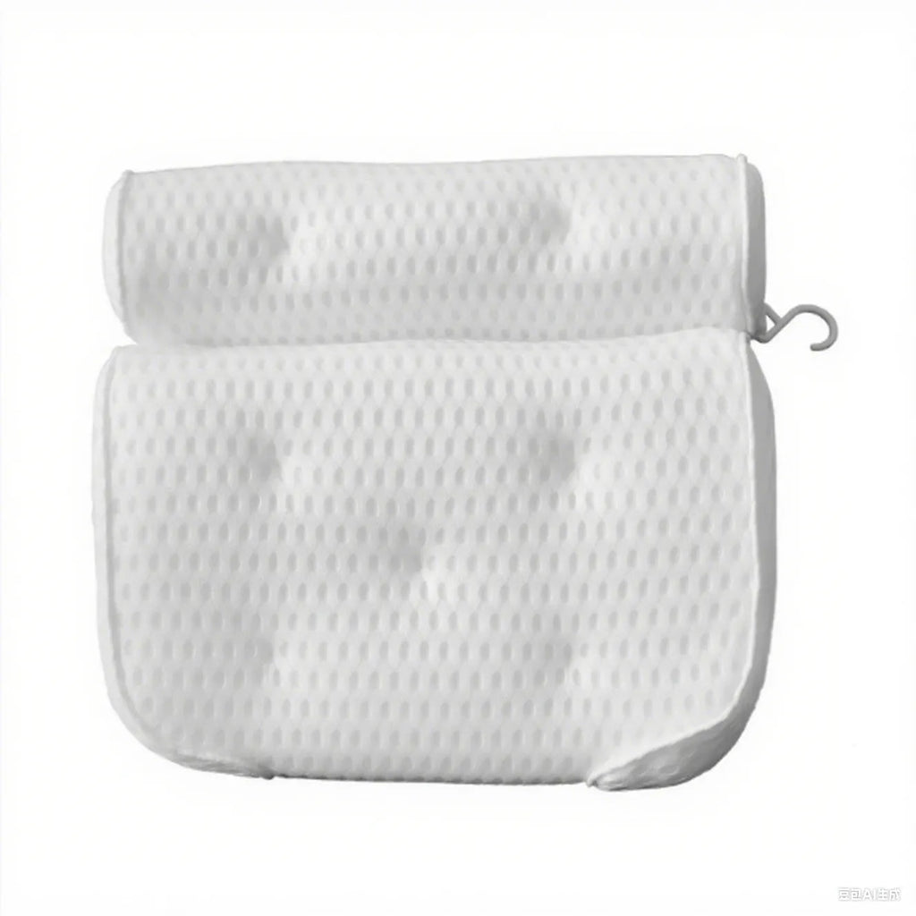 White bathtub pillow with mesh fabric and suction cups on a bathtub edge.