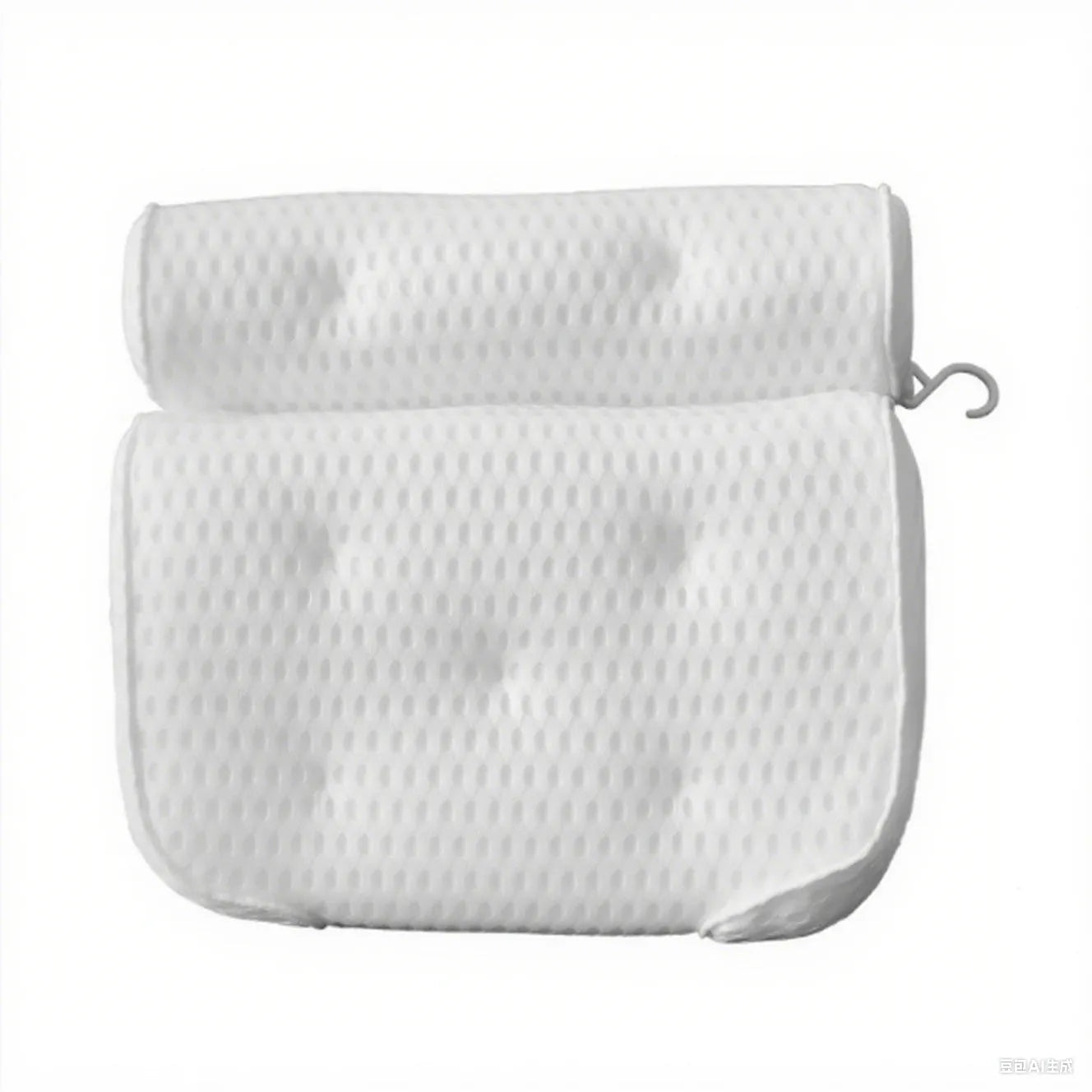White bathtub pillow with mesh fabric and suction cups on a bathtub edge.