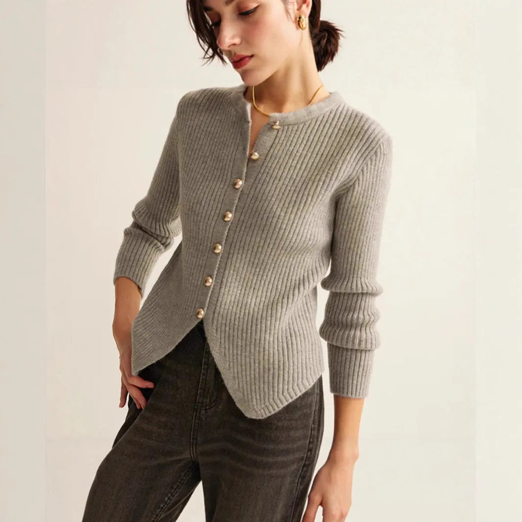 Womens loose fit solid colour cardigan sweater in Silver, autumn winter style, round collar, Bejirog fabric, shown on model