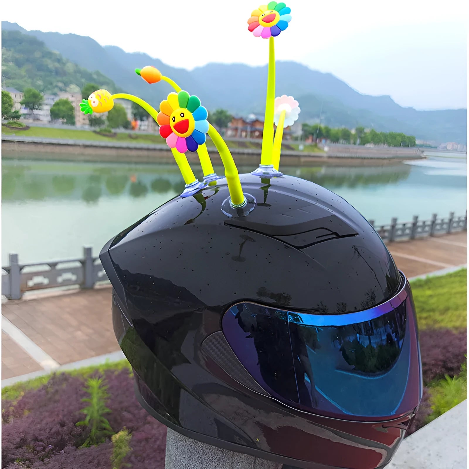 Yellow sunflower silicone decoration with suction cup for helmet customisation